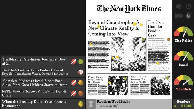 Ein Bildschirm aus dem New York Times Simulator zeigt Geschichten in einem Stichwort und auf der Titelseite einer Zeitung